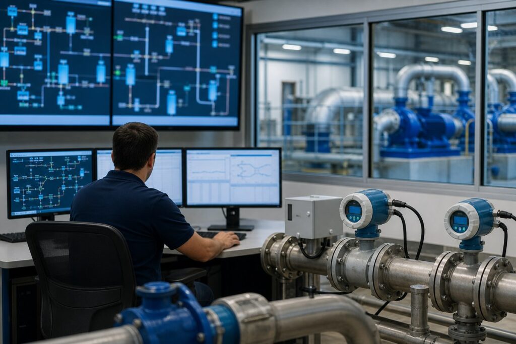 Water distribution control room and flow monitoring equipment