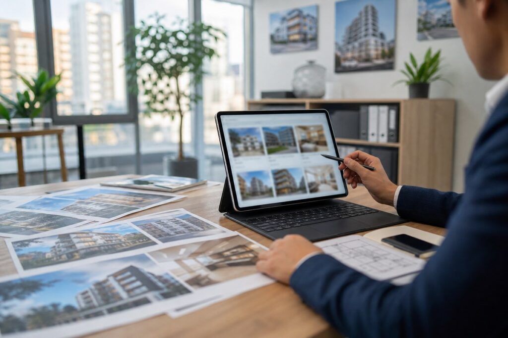 Real estate broker reviewing property listings on a digital workspace