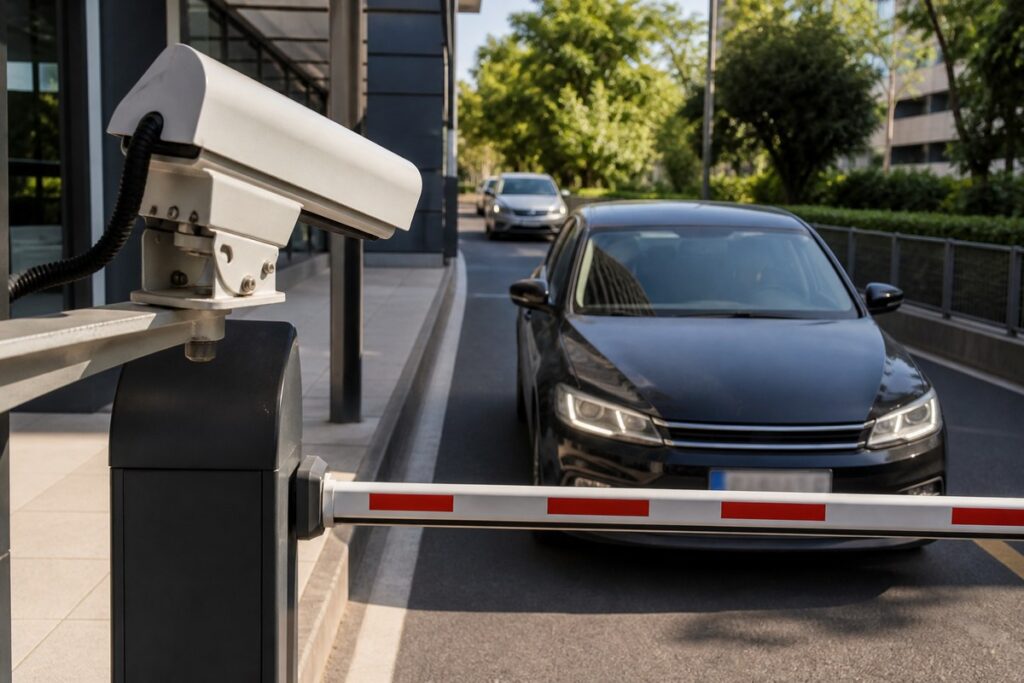 Vehicle access lane with license plate recognition camera